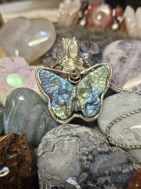 Handcrafted Butterfly Labradorite Pendant Necklace - Iridescent Blue-Green